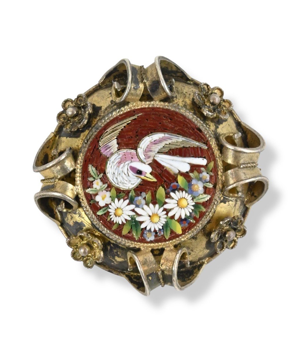 Micromosaïque - Broche à Thème Floral Et Ornithologique - Italie, 19e Siècle